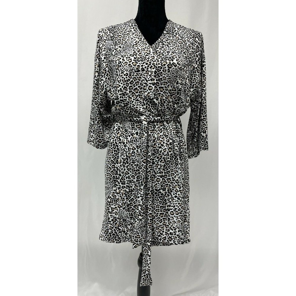 FLORA NIKROOZ Belted Robe Size XL Soft Stretch Inner Tie Animal Leopard Print